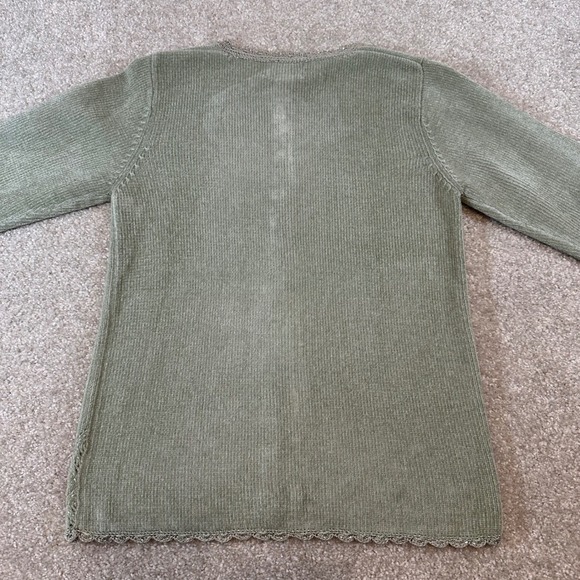 Jenny Vintage Sage Green Beaded Pointelle Cardigan Sweater Scalloped Trim Small - Picture 9 of 10